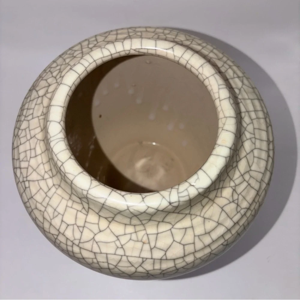 VTG German Crackle Glaze Ceramic Vase Ivory Cream Art Pottery Mid Century Decor